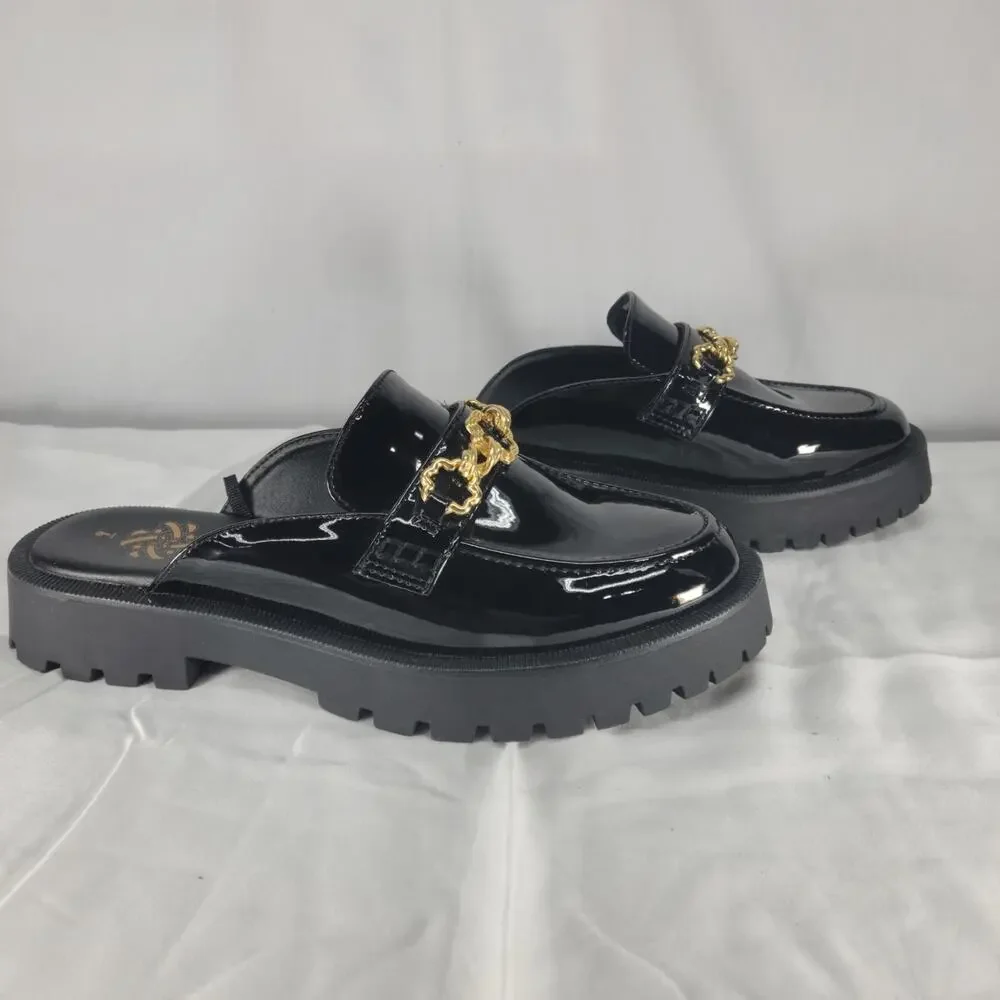 Sam & Libby Womens Chain Loafers Size 9 Black Patent Lug Sole Slip On Shoes